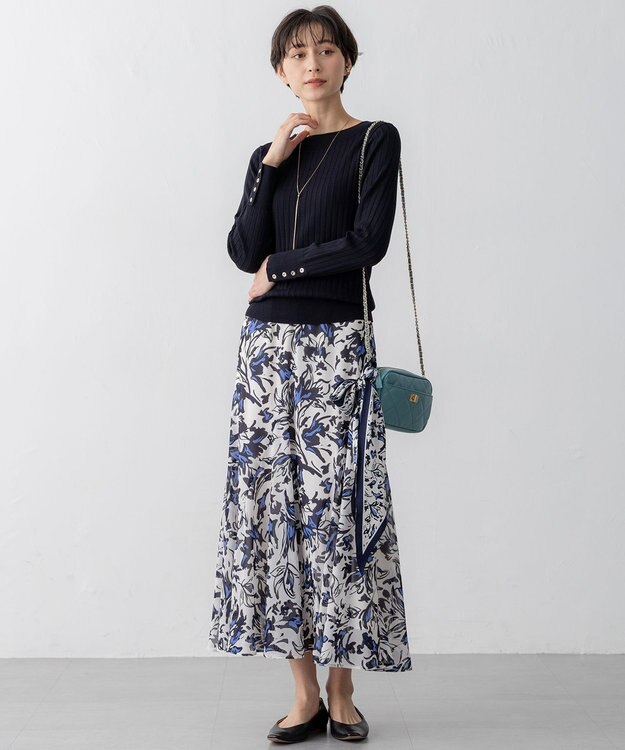 23区 【洗える】ニュアンスフラワープリント フレア スカート ネイビープリント