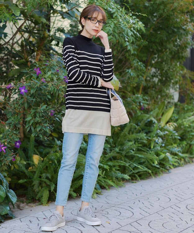 Tiaclasse 【洗える】ボーダーニットチュニック ブラック×オフホワイト