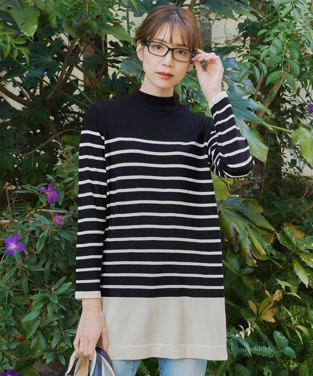 Tiaclasse 【洗える】ボーダーニットチュニック ブラック×オフホワイト