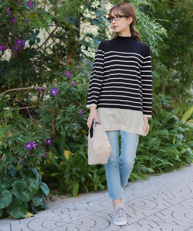 Tiaclasse 【洗える】ボーダーニットチュニック ブラック×オフホワイト