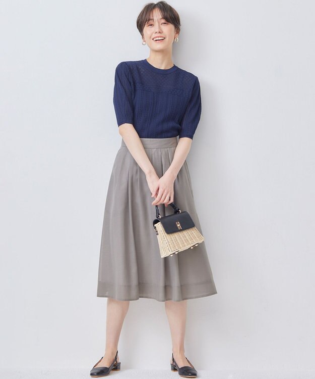 組曲 L 【WEB限定】編地切り替え 半袖ニット ネイビー系
