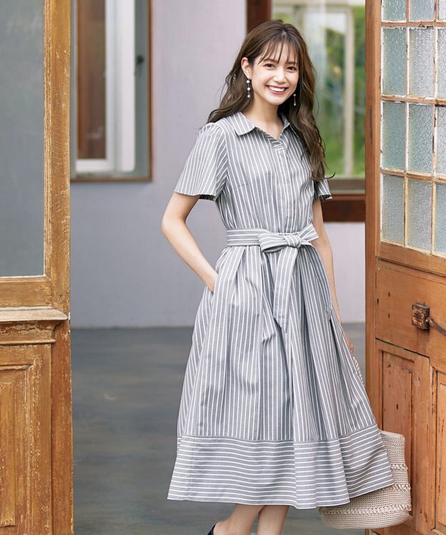 Tiaclasse L 【洗える】フレアスリーブシャツワンピース グレーストライプ