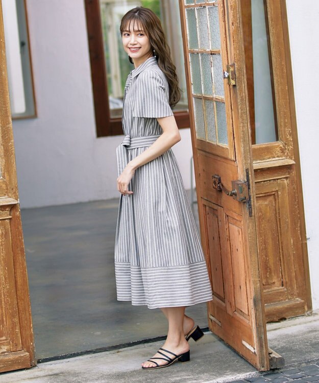 Tiaclasse L 【洗える】フレアスリーブシャツワンピース グレーストライプ