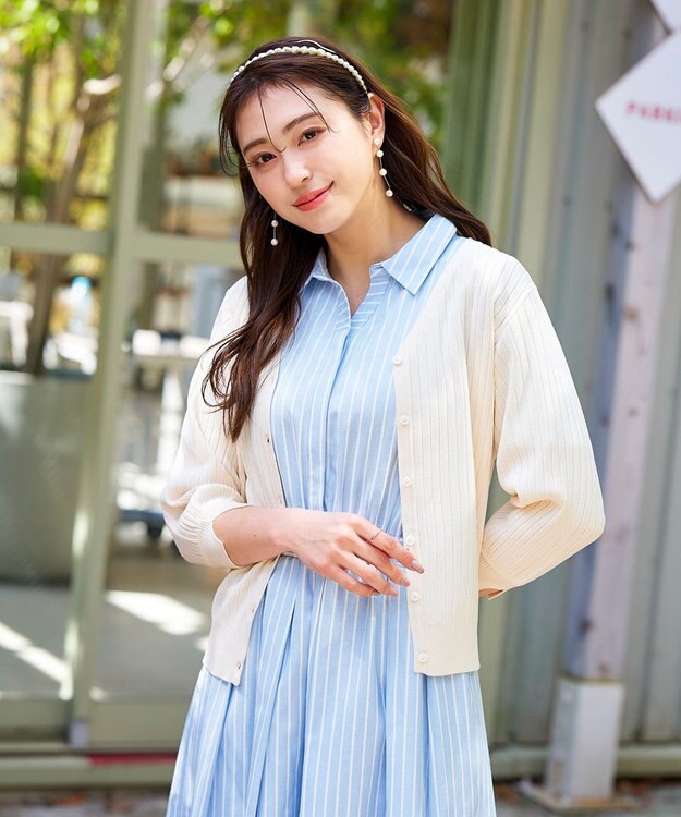 Tiaclasse L 【洗える】フレアスリーブシャツワンピース サックスストライプ