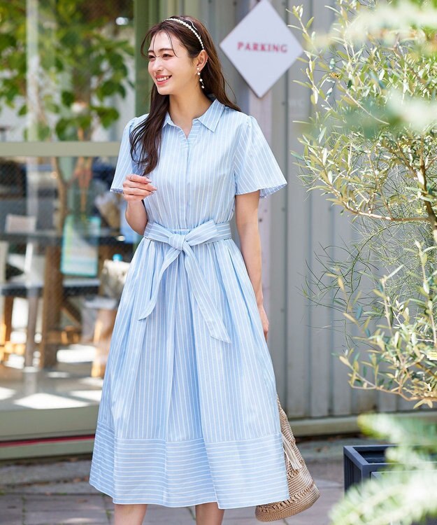 Tiaclasse L 【洗える】フレアスリーブシャツワンピース サックスストライプ