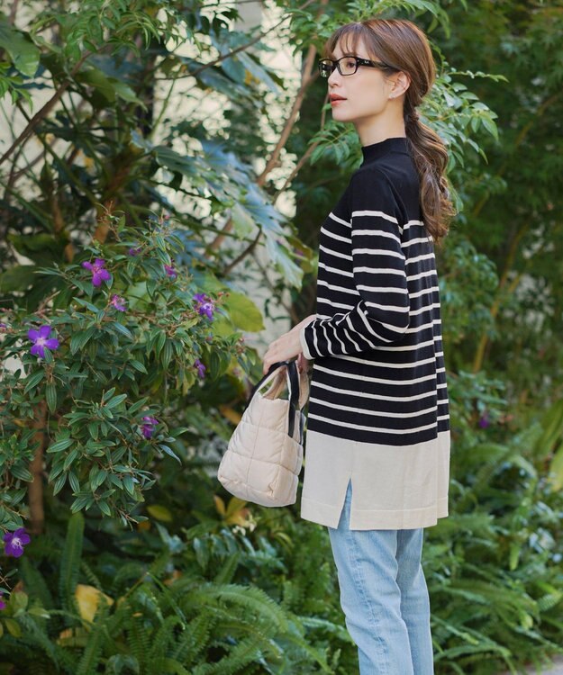 Tiaclasse 【洗える】ボーダーニットチュニック ブラック×オフホワイト