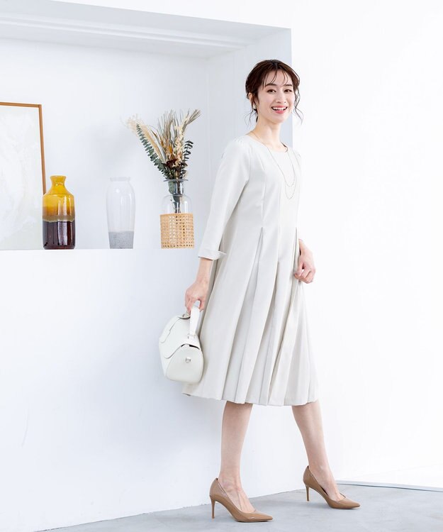 Tiaclasse L 【ダブルクロス】【洗える】ラインワンピース グレージュ