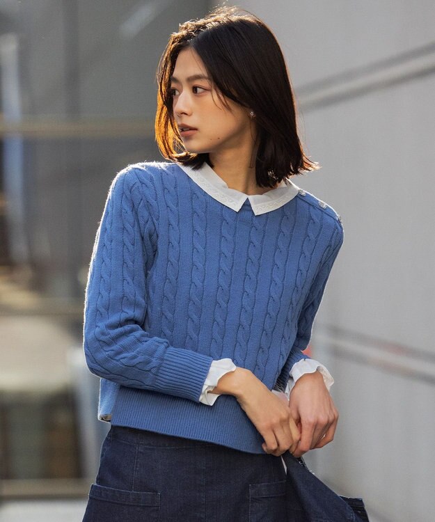 組曲 【ビジューボタン付き】SOBANE ケーブルプルオーバー ニット ブルー系