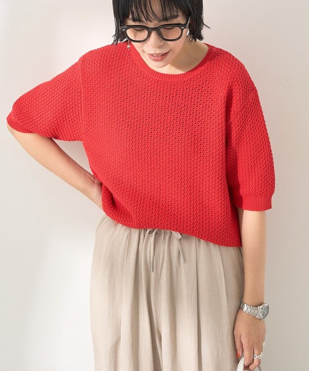 AMERICAN HOLIC 透かし編み半袖ニットプルオーバー Red