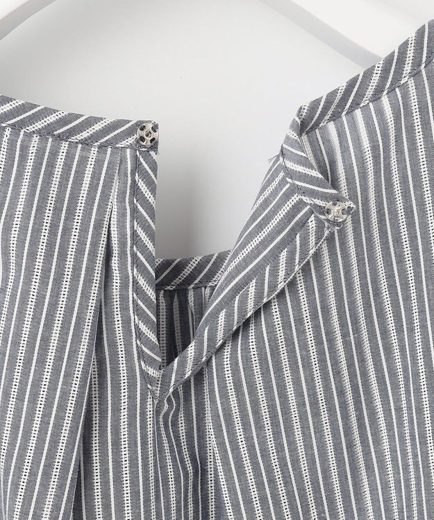 J.PRESS LADIES 【洗える】BEZ空羽ストライプ クルーネック ブラウス ネイビー系1