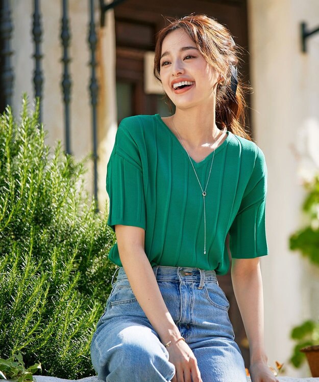 Tiaclasse 【洗える】プリーツ編みVネックニットトップス グリーン