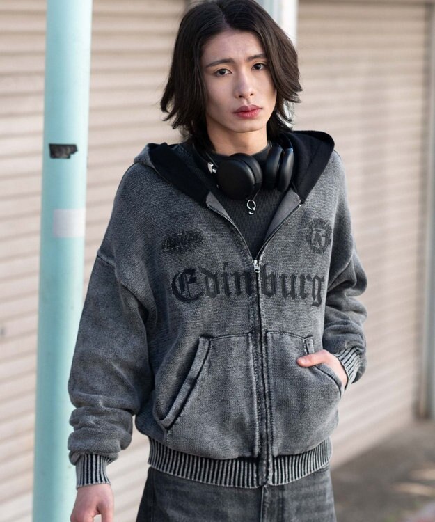 WEGO 【ユニセックス着用ITEM】ブリーチニットグラフィックZIPパーカー ブラックその他