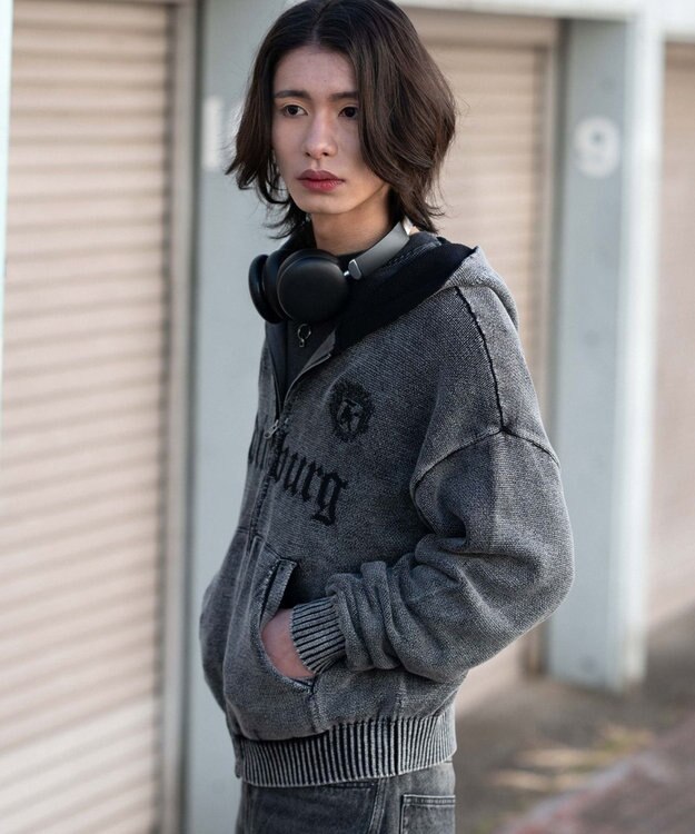 WEGO 【ユニセックス着用ITEM】ブリーチニットグラフィックZIPパーカー ブラックその他