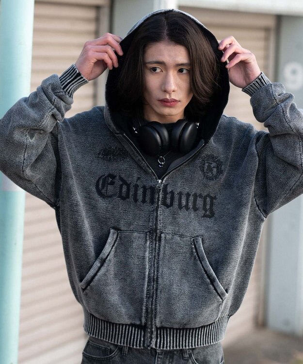 WEGO 【ユニセックス着用ITEM】ブリーチニットグラフィックZIPパーカー ブラックその他