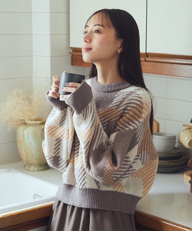 earth music&ecology チェックニットプルオーバー Beige