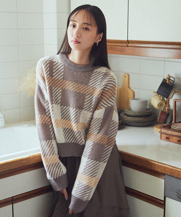 earth music&ecology チェックニットプルオーバー Beige