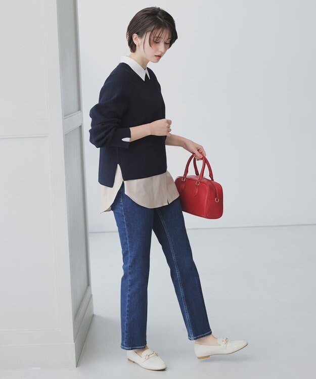 ANY SIS L ニットレイヤード シャツ ツインセット ネイビー×グレージュ