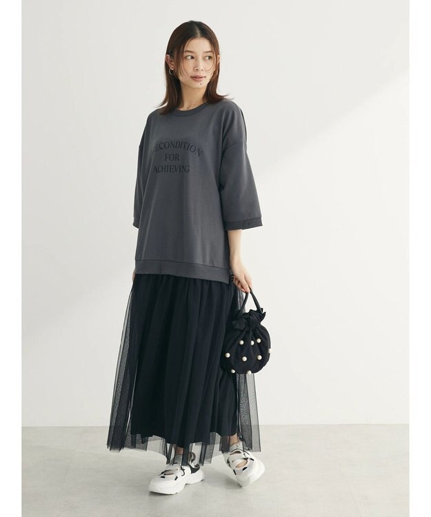 Green Parks ７分袖チュールドッキングロゴワンピース Charcoal Gray