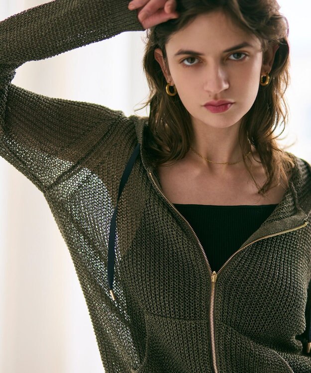 BEIGE， 【洗える】OPTICAL / ペーパーヤーンフーディージップニット Khaki