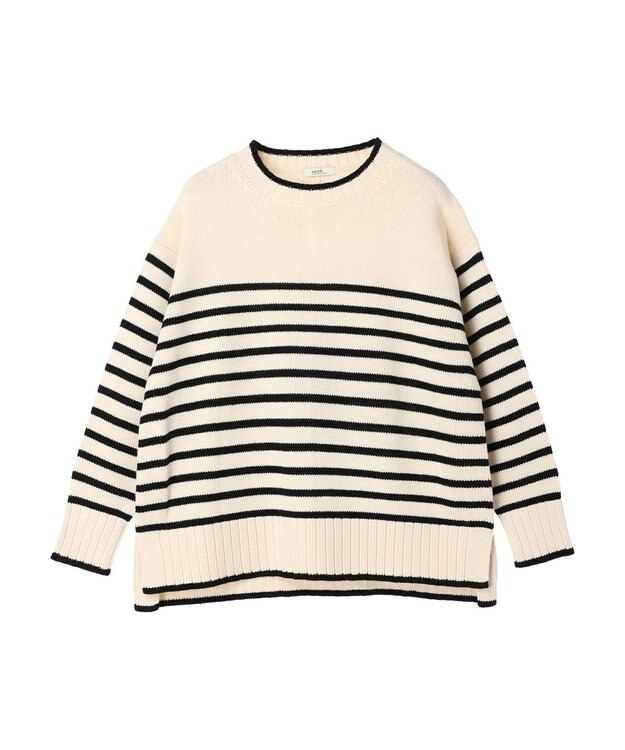 earth music&ecology ウォッシャブル脇スリットクルーネックプルオーバー Border Ivory