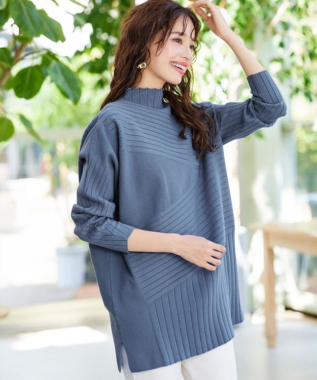 Tiaclasse 【新色追加・洗える】ランダムリブ編みドルマンニットチュニック ブルー