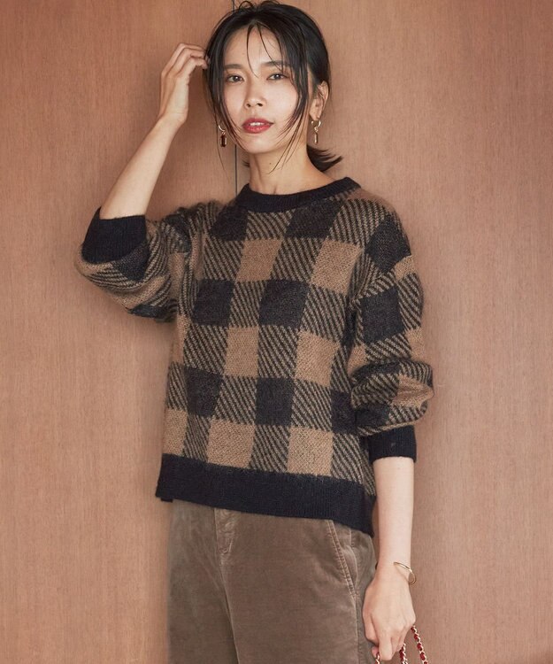 23区 【洗える】ブロックチェックジャカード ニット キャメルチェック