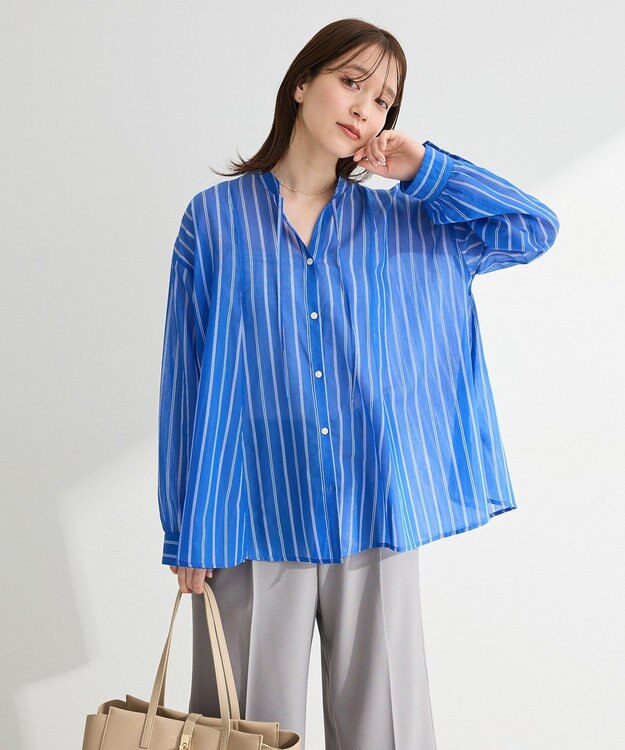 Green Parks フレアラインスキッパーブラウス Stripe Sax