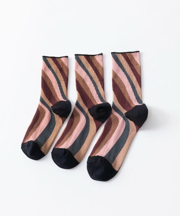 TRICOTE TWIST STRIPE LINK SOCKS／歪みストライプリンクソックス 87BROWN