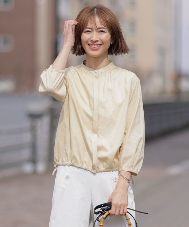 J.PRESS LADIES 【洗える・接触冷感・吸水速乾】麻SOLID バンドカラー シャツ ブラウス イエロー系