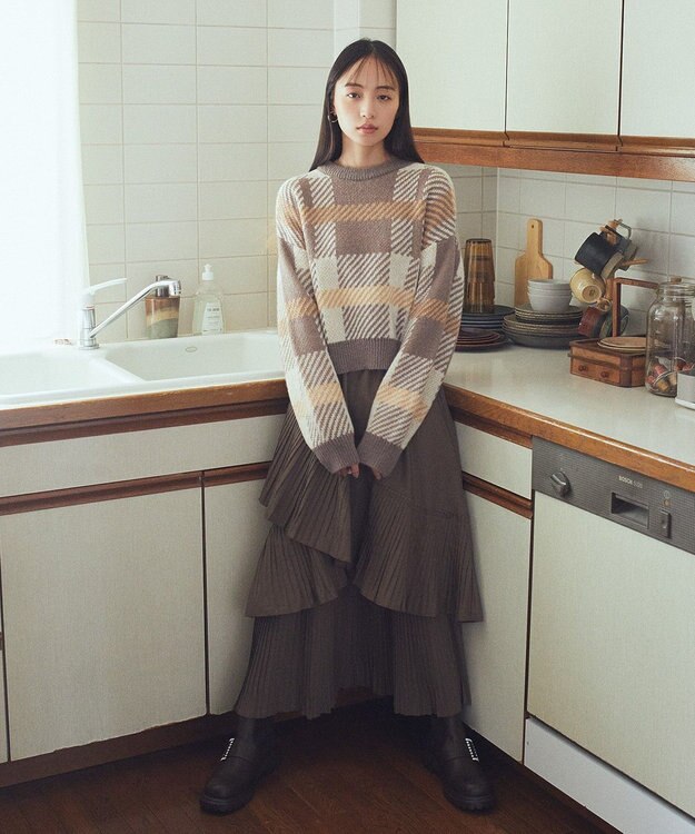 earth music&ecology チェックニットプルオーバー Beige