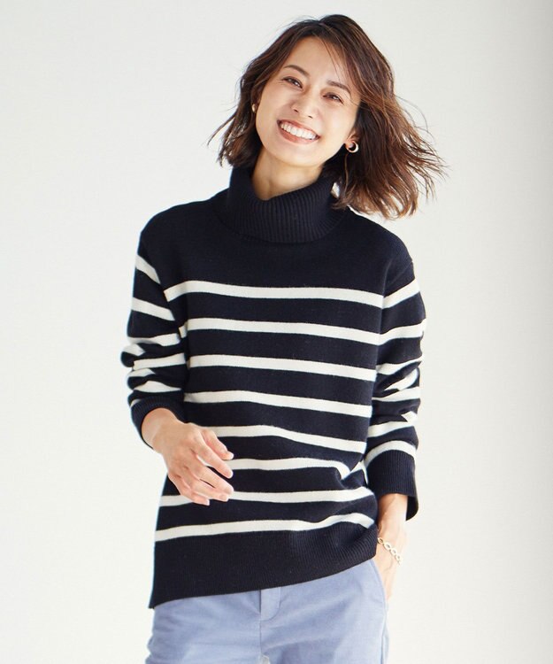 J.PRESS LADIES S 【洗える】MERINO CASHMERE オフタートル ボーダー ニット ブラック系1