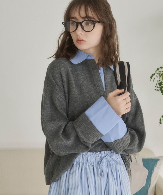 WEGO 【ANGIE VINTAGE】シャツ襟 ドッキング　フェイクレイヤード ニット トップス グレー