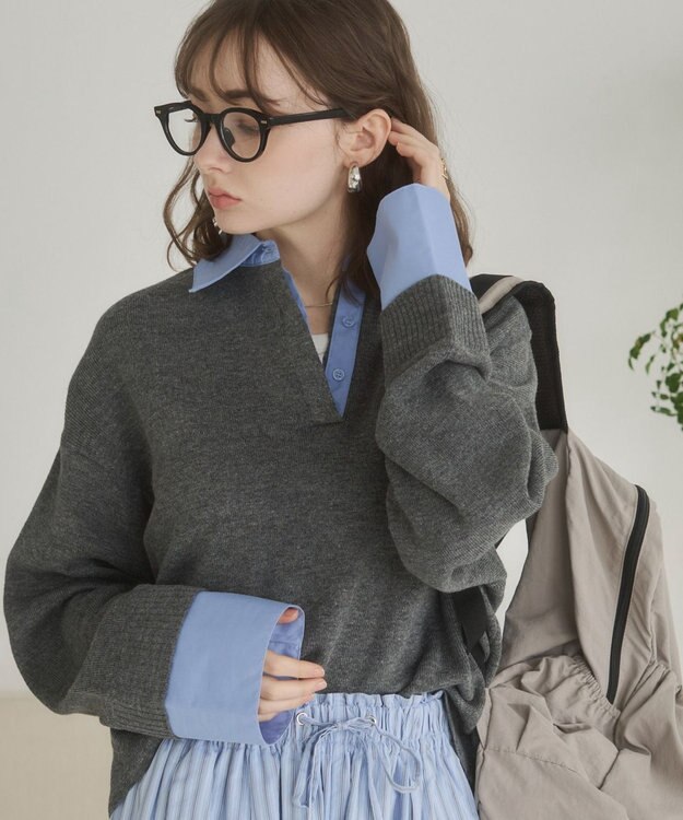 WEGO 【ANGIE VINTAGE】シャツ襟 ドッキング　フェイクレイヤード ニット トップス グレー