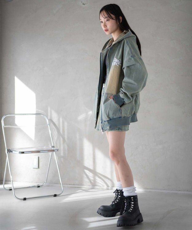 WEGO ヴィンテージウォッシュBIGフードブルゾン デニム淡加工色