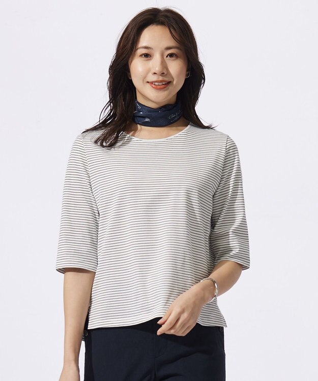 J.PRESS LADIES L スムースジャージー ボーダー カットソー ホワイト×ネイビー系1