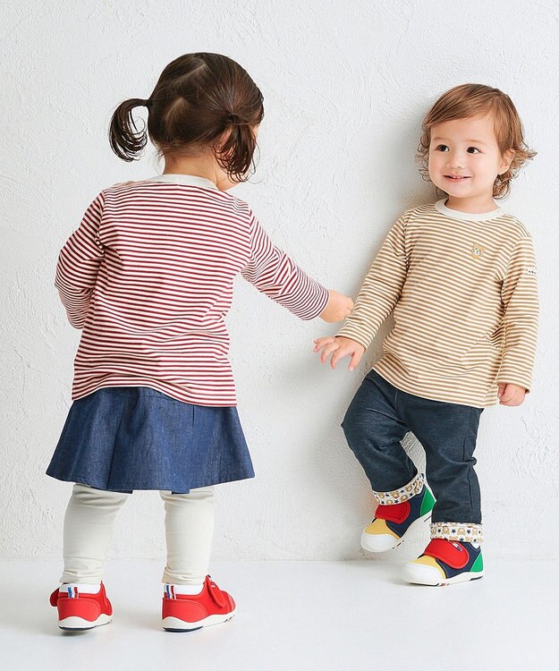 MIKI HOUSE HOT BISCUITS 【70-120cm】【Everyday Series】ワンポイント ボーダー長袖Tシャツ ワインレッド