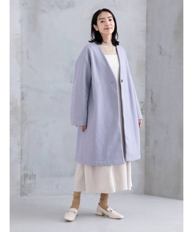 Green Parks 洗えるＶネックミディ丈コート Sax