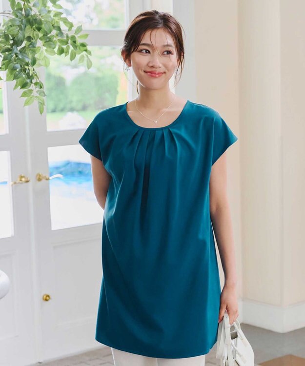 Tiaclasse 【洗える】フレアフレンチチュニックブラウス ターコイズ