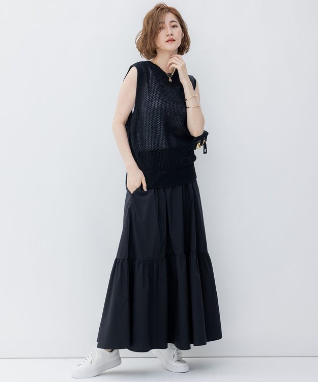 23区 【一部店舗限定/洗える】ハイカウントウェザーストレッチ ティアード スカート ブラック系