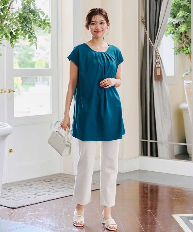 Tiaclasse 【洗える】フレアフレンチチュニックブラウス ターコイズ