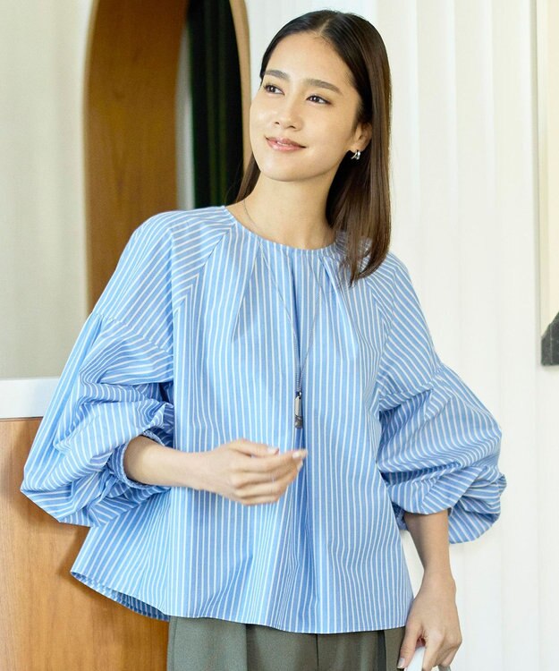 自由区 L 【SHIHOさん着用】ボリュームスリーブ ブラウス サックスストライプ