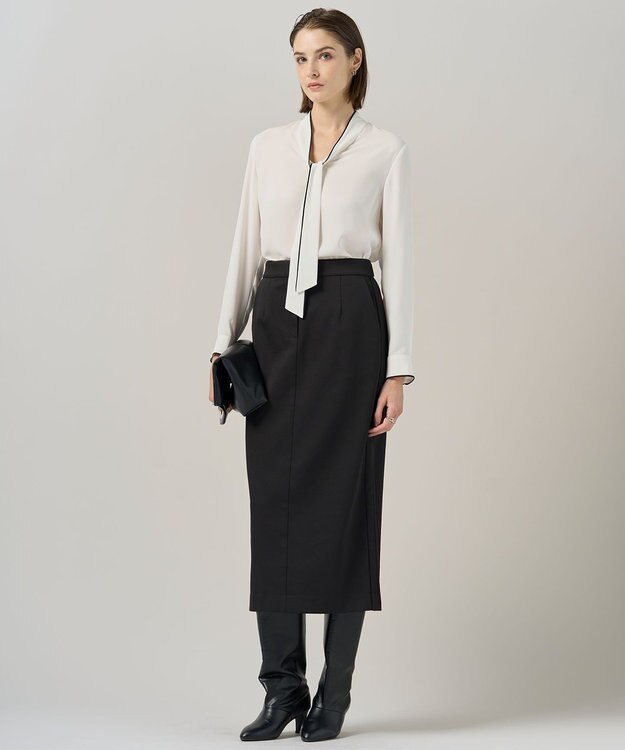 ICB L 【接触冷感・UVケア・速乾・洗える】BackSatinAmunzen 配色ボウタイブラウス オフホワイト系