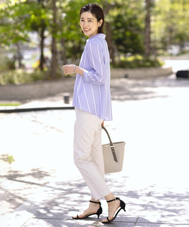 J.PRESS LADIES L 【洗える】SHEERストライプ ペプラム シャツ ブラウス サックスストライプ系