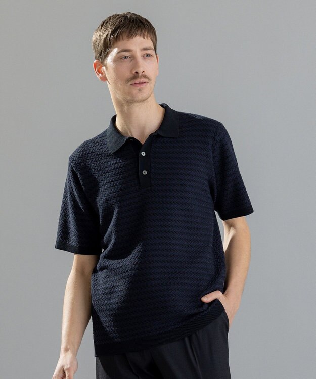 JOSEPH HOMME ヘリンボンボーダー　ポロ ネイビー系