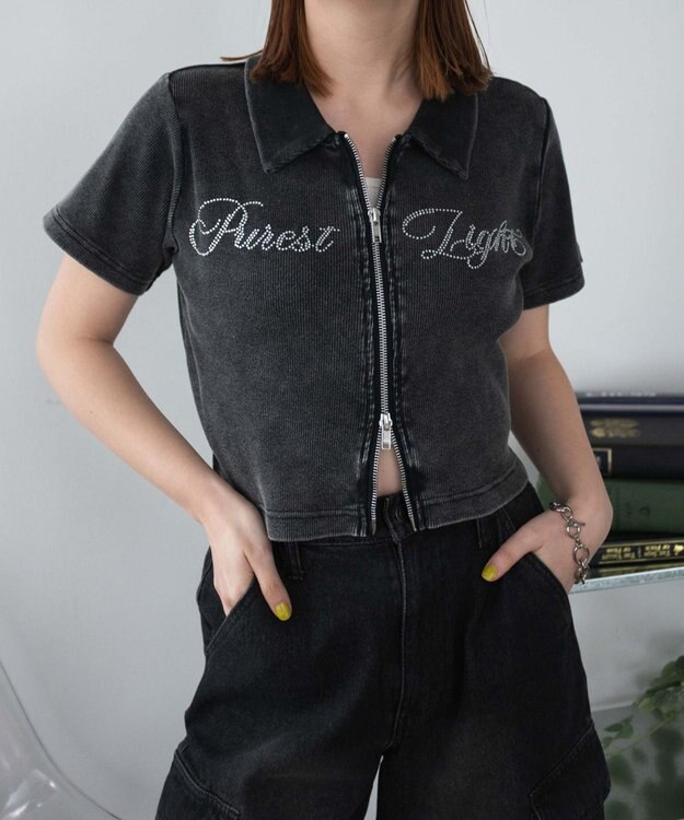 WEGO ラインストーンロゴWZIPトップス スミクロ