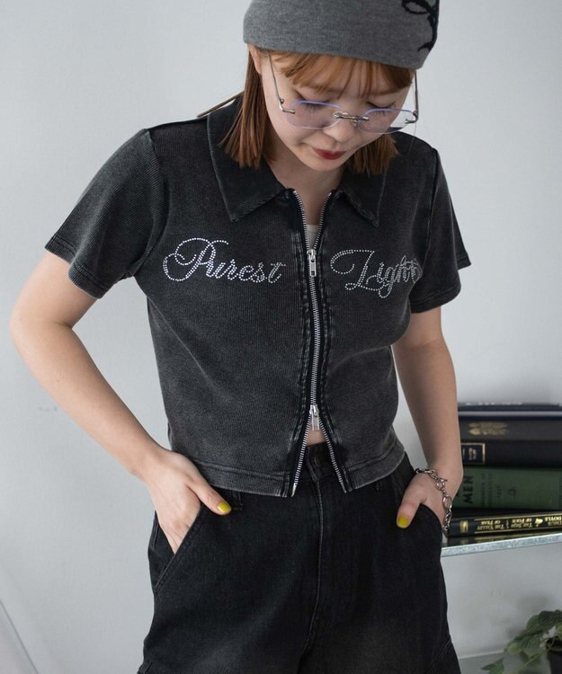 WEGO ラインストーンロゴWZIPトップス スミクロ