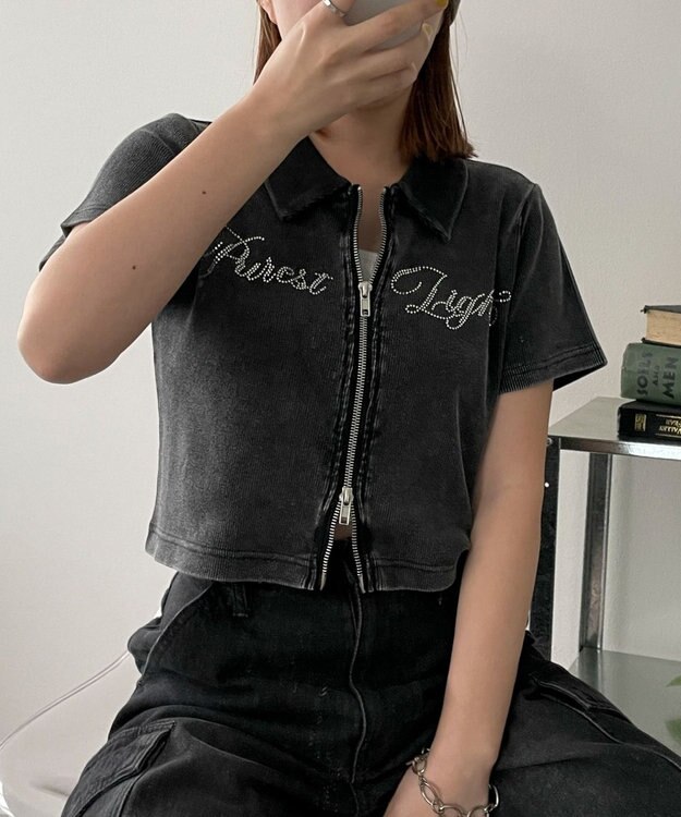 WEGO ラインストーンロゴWZIPトップス スミクロ