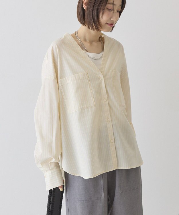 AMERICAN HOLIC 【イージーケア】ストライプVネックシャツ Yellow