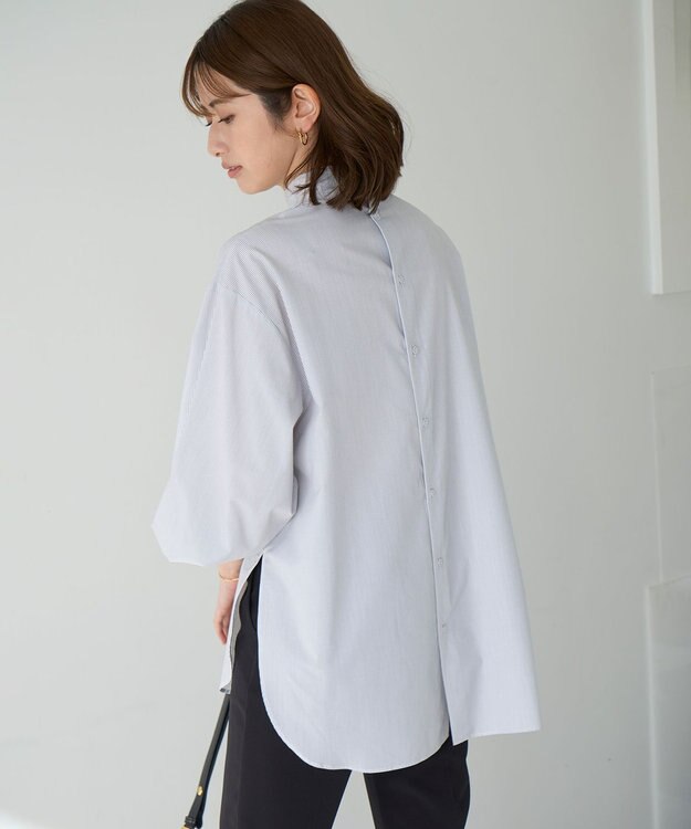 UNFILO ハイネックブラウス オフ×ブラックストライプ