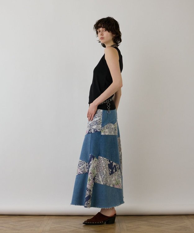 GRACE CONTINENTAL スカーフコンビデニムスカート ネイビー